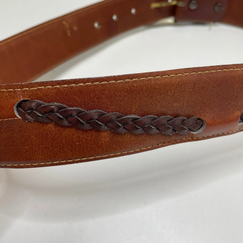 Mens‎ Brown Steerhide Leather Belt Braided Inlay 34 Western Cowboy Rodeo Country